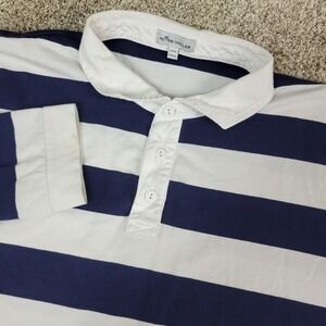 Peter Millar Mens 2XL Blue White Striped Stretch Knit Rugby Polo Long Sleeve